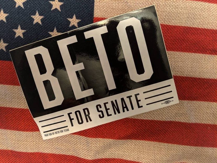 Beto O'Rourke Bumper Sticker with US flag in the background