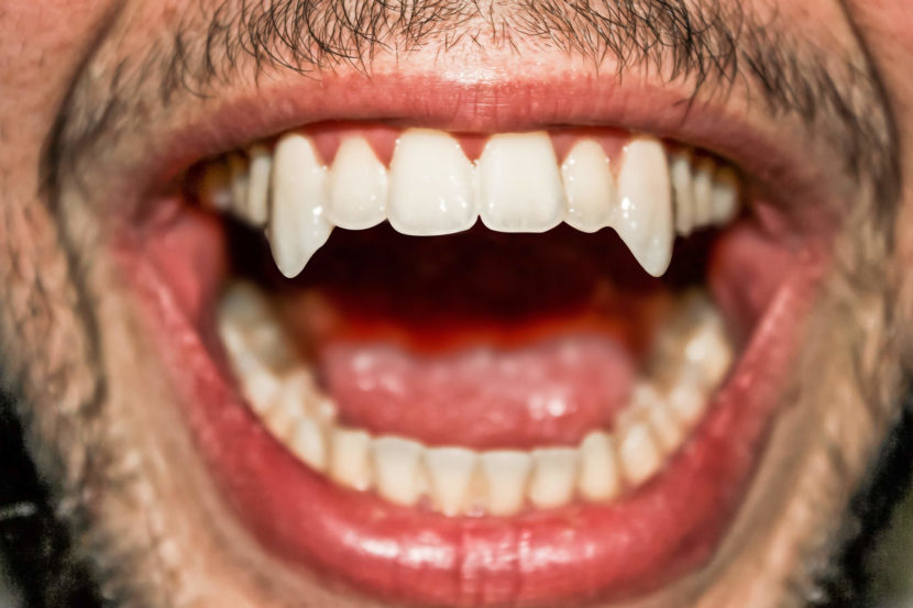 Vampire teeth. A mouth with elongated incisors
