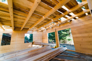 Wood beams and boards in a home under construction